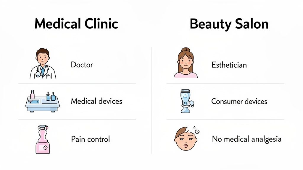 Un diagramma che confronta cliniche mediche e saloni di bellezza, mostrando differenze nel personale, nei dispositivi e nei metodi di controllo del dolore.