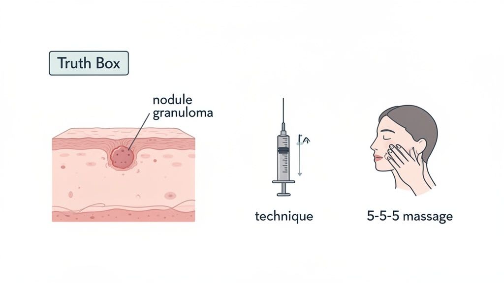 Illustration de la peau avec un granulome, une technique de seringue et un massage facial 5-5-5.