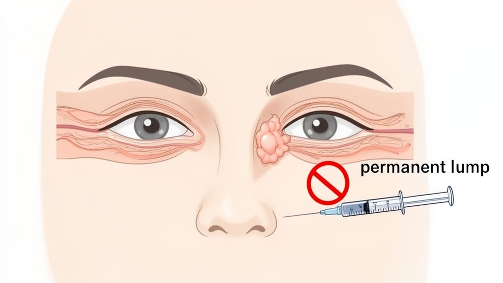 Illustration d'un visage avec une bosse permanente près de l'œil droit et un avertissement contre les injections.