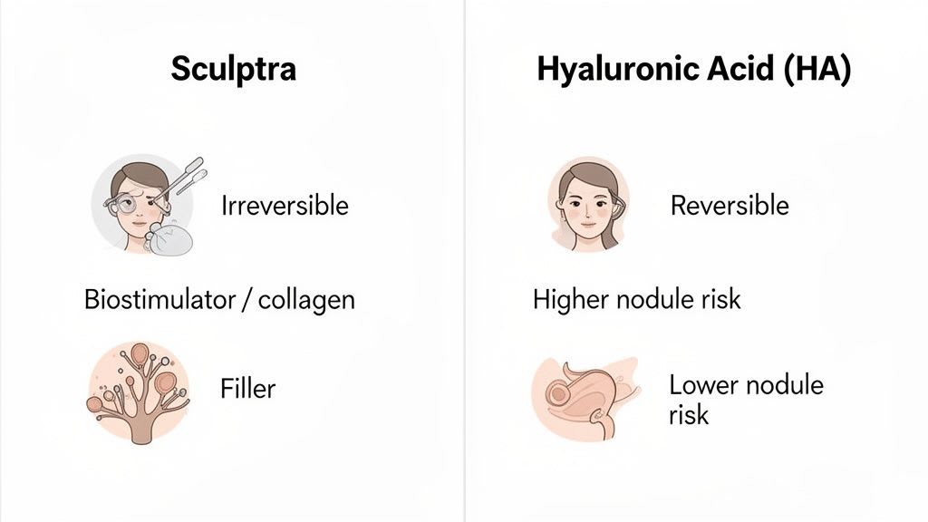 Infographie comparant Sculptra et l'acide hyaluronique (HA), énumérant des attributs comme la réversibilité, la biostimulation, le type de produit de comblement et le risque de nodule.