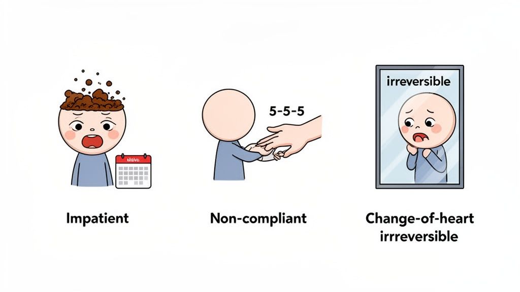 Illustrations de dessins animés montrant une personne éprouvant de l'impatience, un non-respect et des regrets face à une situation irréversible.