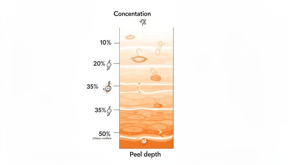 Visuelle Anleitung zu den Tiefen chemischer Peelings bei unterschiedlichen Konzentrationen und Hautschichten.
