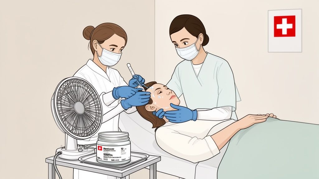 Zwei Gesundheitsarbeiter in Masken und Handschuhen führen ein kosmetisches Verfahren im Gesicht eines Patienten durch.