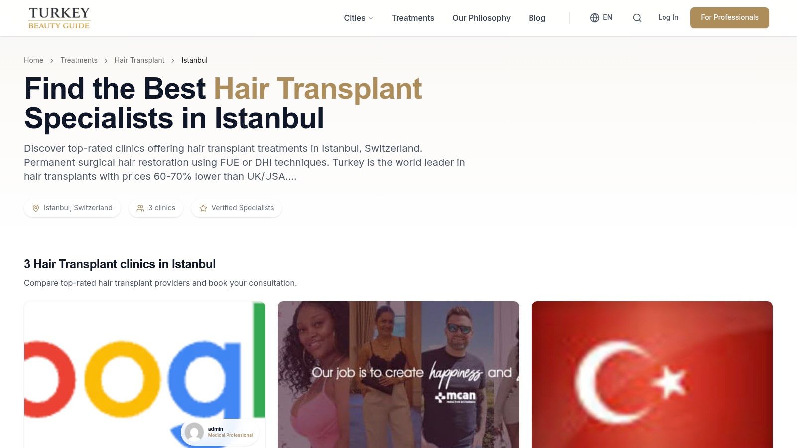 Türkiye Güzellik Rehberi web sitesinin bir ekran görüntüsü, İstanbul'daki saç ekimi kliniklerinin listesi, derecelendirmeleri, yorumları ve uzmanlıklarıyla birlikte.