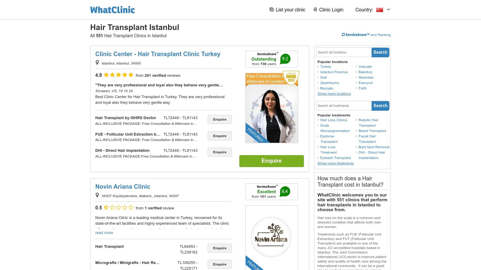 WhatClinic İstanbul'daki saç ekimi kliniklerinin listeleri