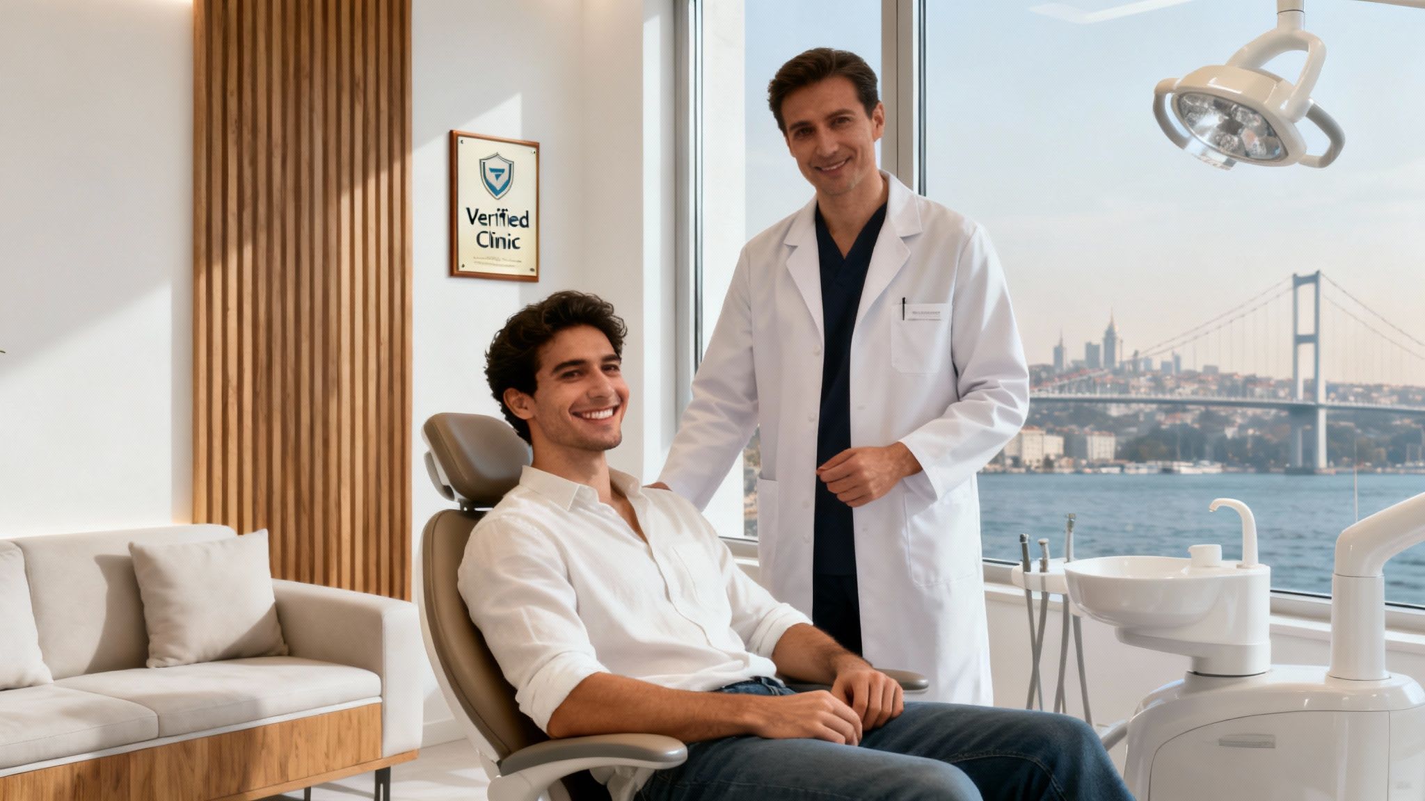 Smiling male dentist with a happy patient in a modern dental clinic overlooking a city and bridge.
