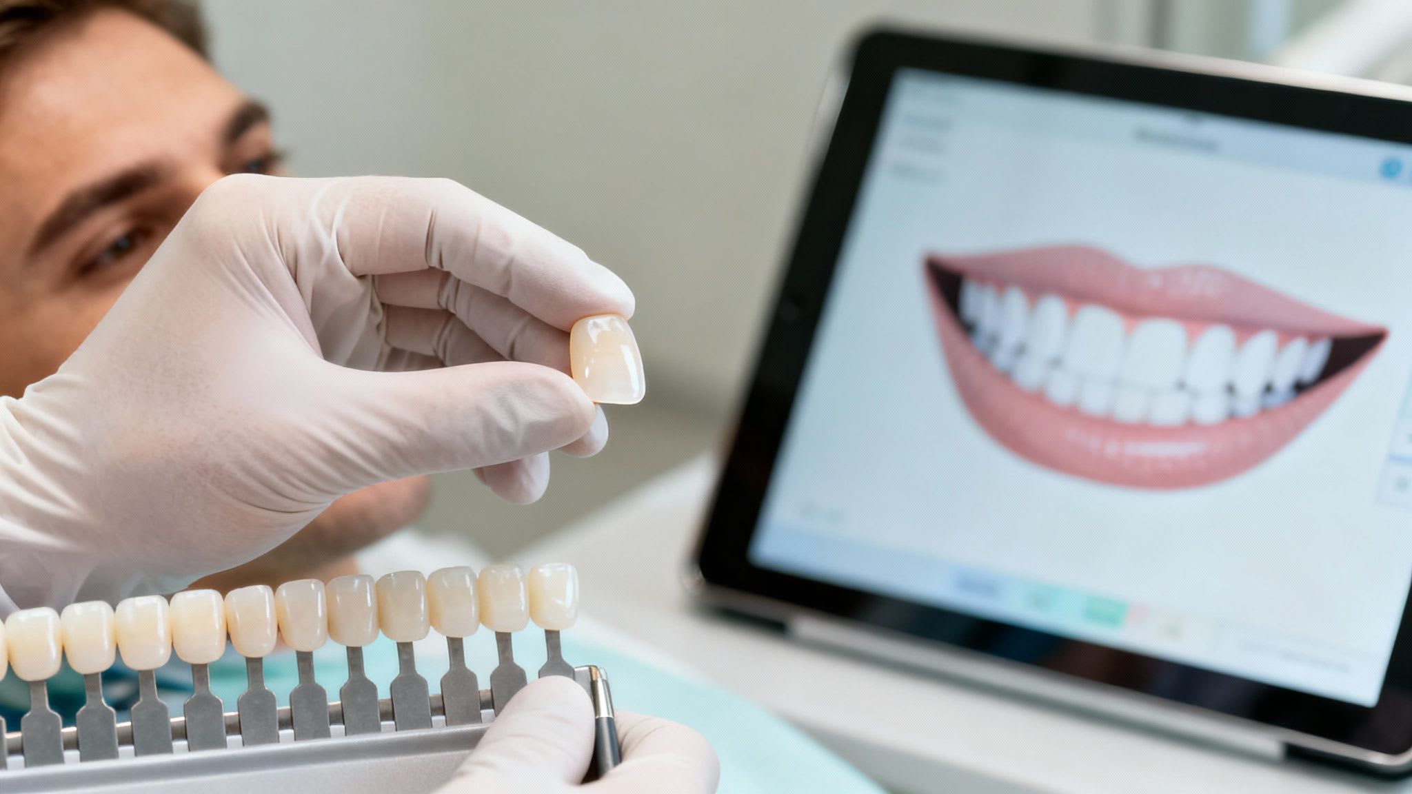 Gloved dentist's hand compares a dental veneer to a shade guide, with a digital smile design on a tablet.