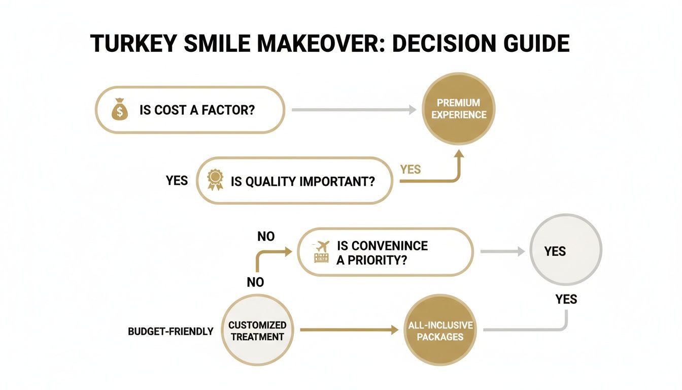 Flowchart guiding choices for a Turkey Smile Makeover based on cost, quality, and convenience factors.