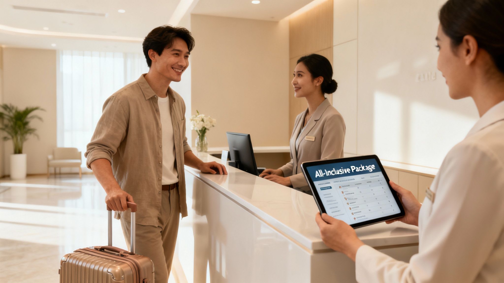 Happy male tourist checking into a hotel, receptionists assist, one shows an all-inclusive package.