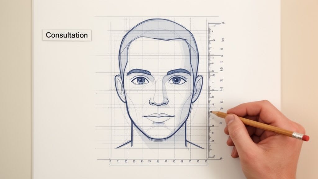 Una mano misura un volto maschile disegnato su carta a quadretti, indicando una consultazione per estetica facciale.