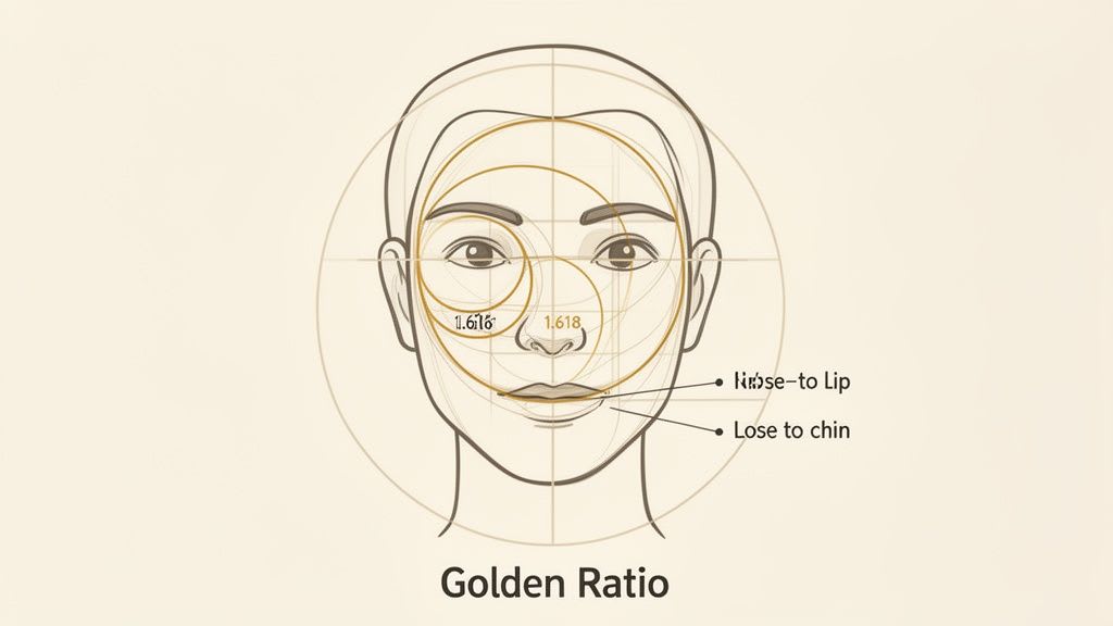 Un diagramma dettagliato che illustra la sezione aurea e le proporzioni facciali ideali per la valutazione estetica.