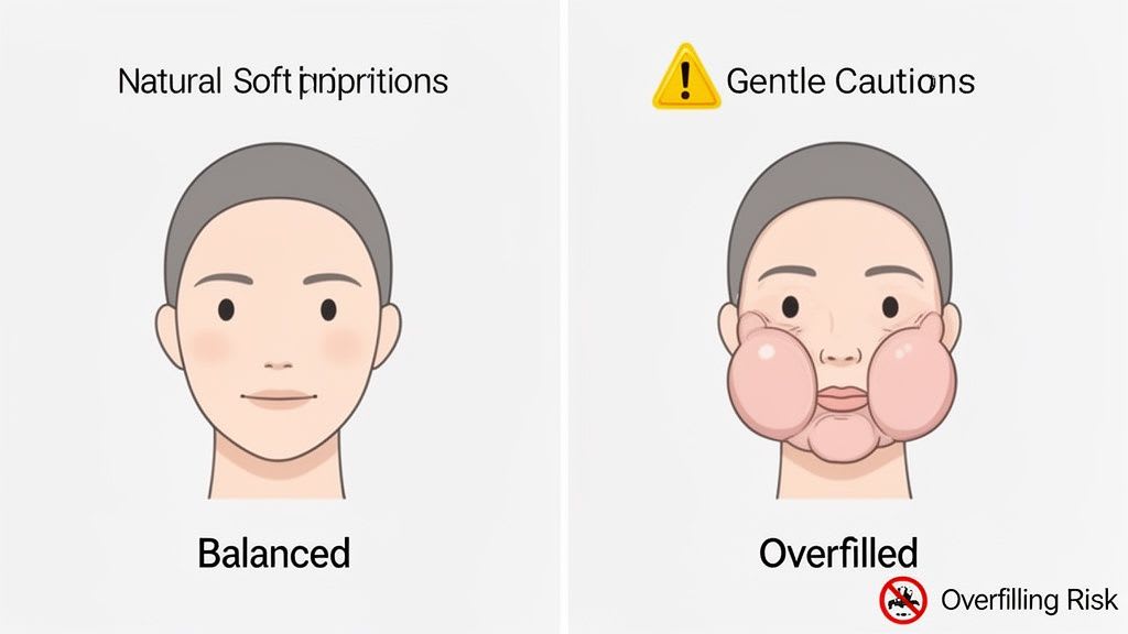 Due illustrazioni a confronto tra un volto naturale e bilanciato e un volto eccessivamente riempito che mostrano rischi estetici.