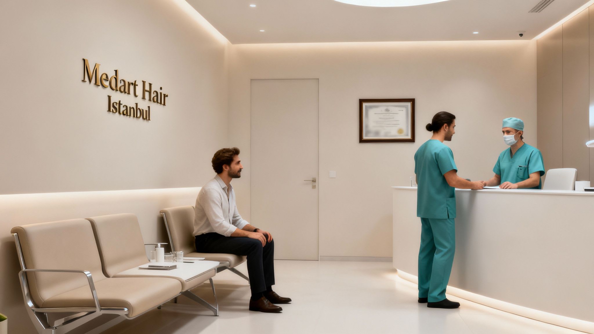 Modern Medart Hair İstanbul klinik resepsiyonu, bir hastanın beklediği ve tıbbi personelin etkileşimde bulunduğu bir görüntü.