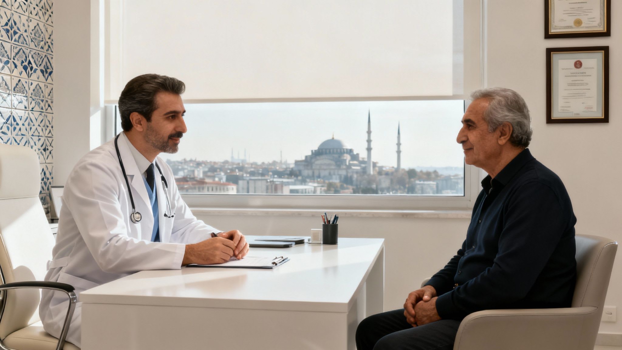 Bir erkek doktor, bir şehir manzarasına bakan aydınlık bir ofiste yaşlı bir erkek hasta ile görüşüyor.