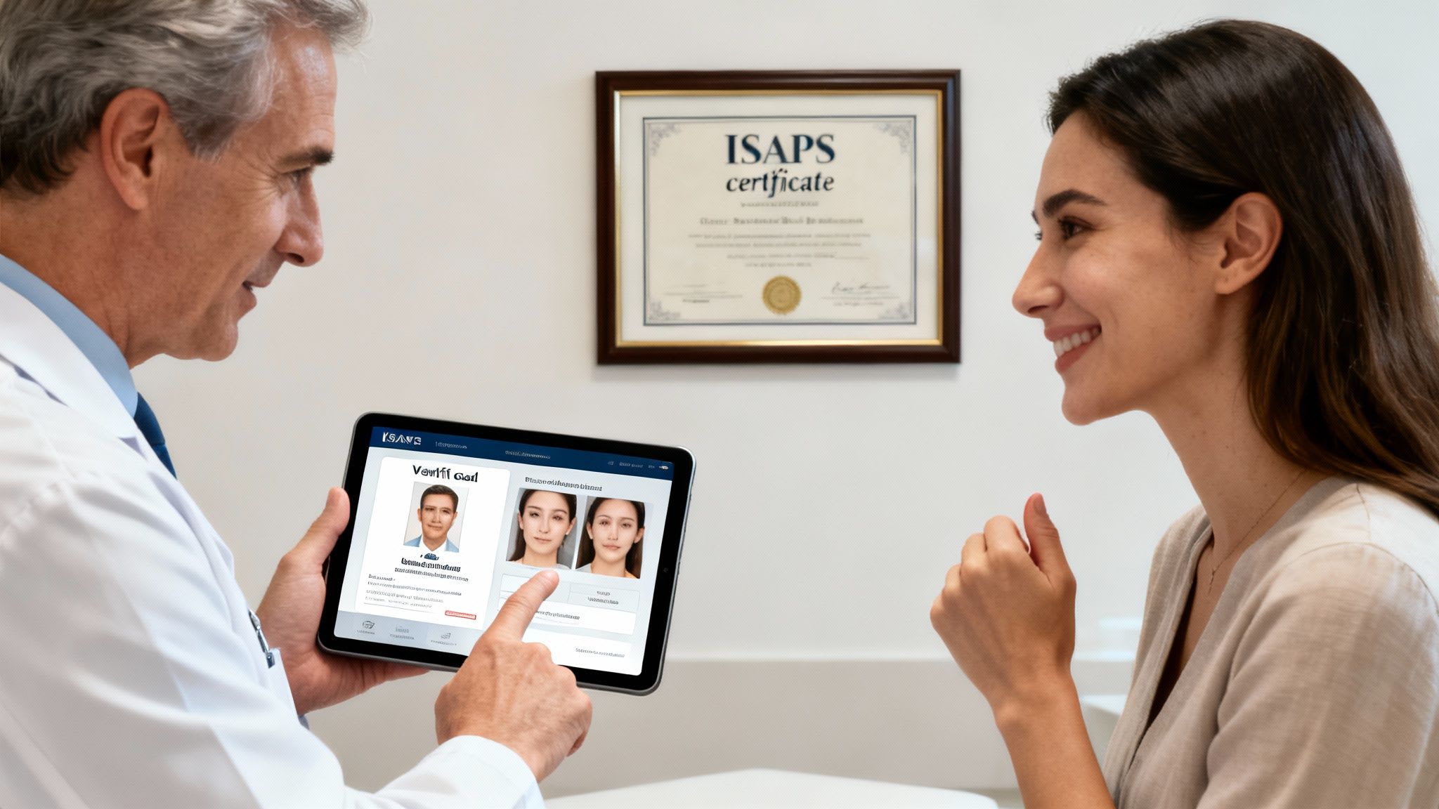 Doktor, estetik cerrahi danışmanlığı sırasında bir tablet üzerinde gülümseyen bir hastanın yüz prosedürü sonuçlarını gösteriyor, ISAPS sertifikası görünür.