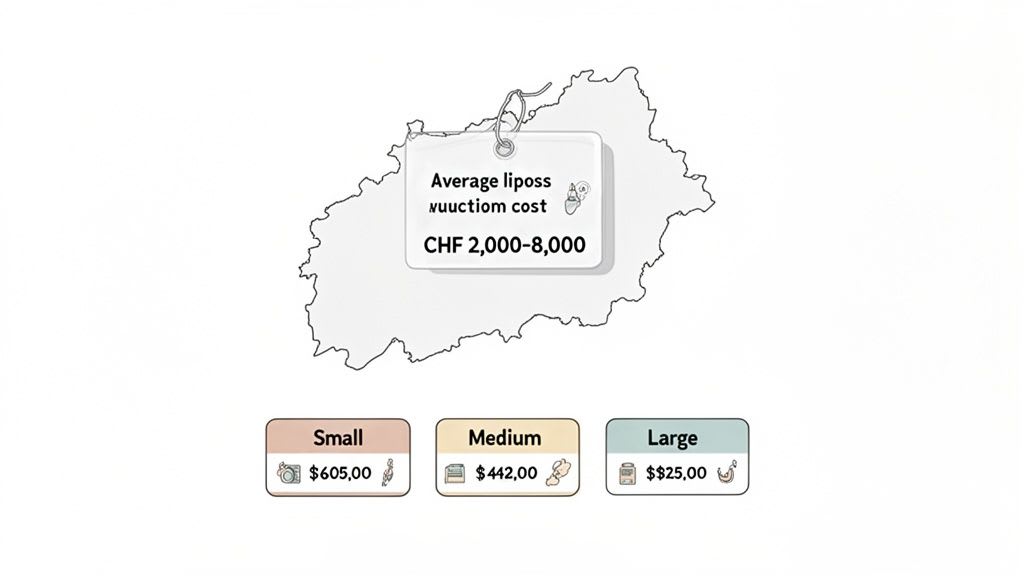 Un'infografica che mostra i costi medi della liposuzione in Svizzera, che variano da CHF 2.000 a 8.000.