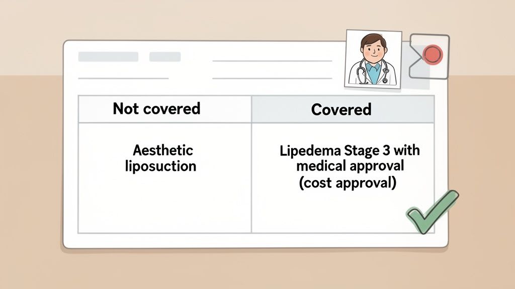 Un grafico che dettaglia la copertura medica per la liposuzione, mostrando la liposuzione estetica come non coperta, e il Lipedema Stadio 3 come coperto con approvazione medica.
