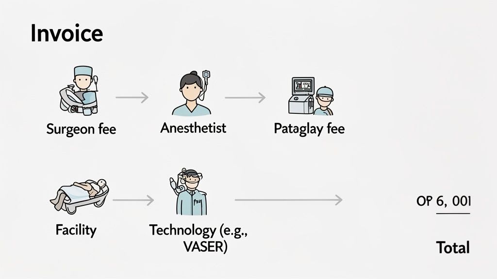 Un diagramma della fattura che illustra la suddivisione dei costi medici, inclusi compenso del chirurgo, anestesista, struttura e spese per tecnologia.