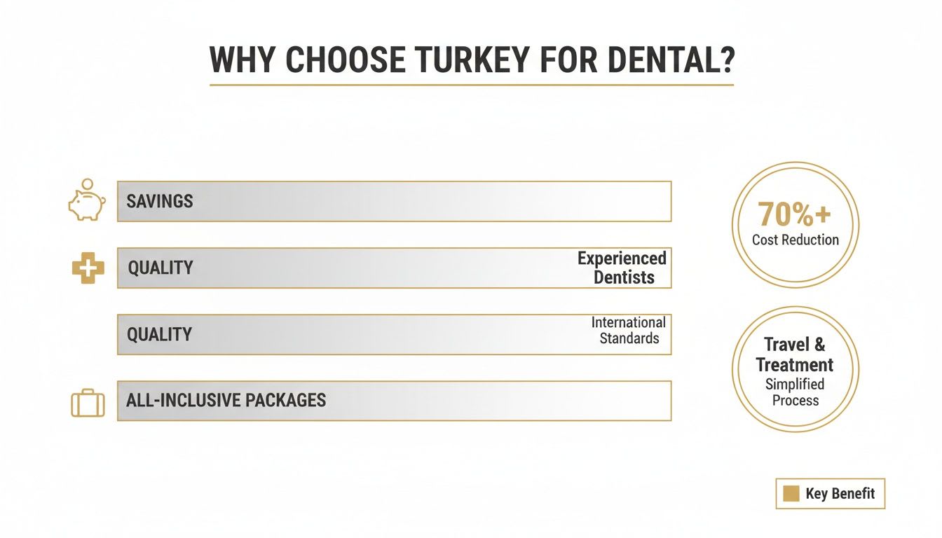 An infographic outlining the key benefits of choosing Turkey for dental treatments, including significant savings and quality care.
