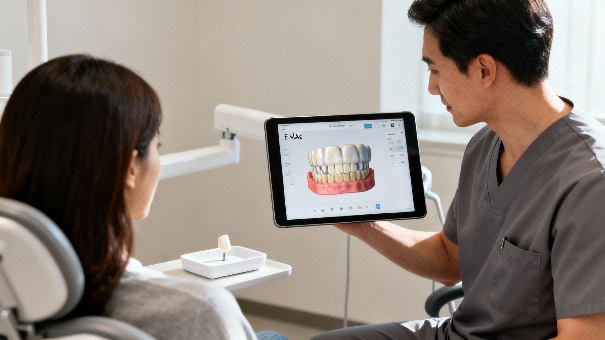 A male dentist explains a digital 3D dental model on a tablet to a female patient.