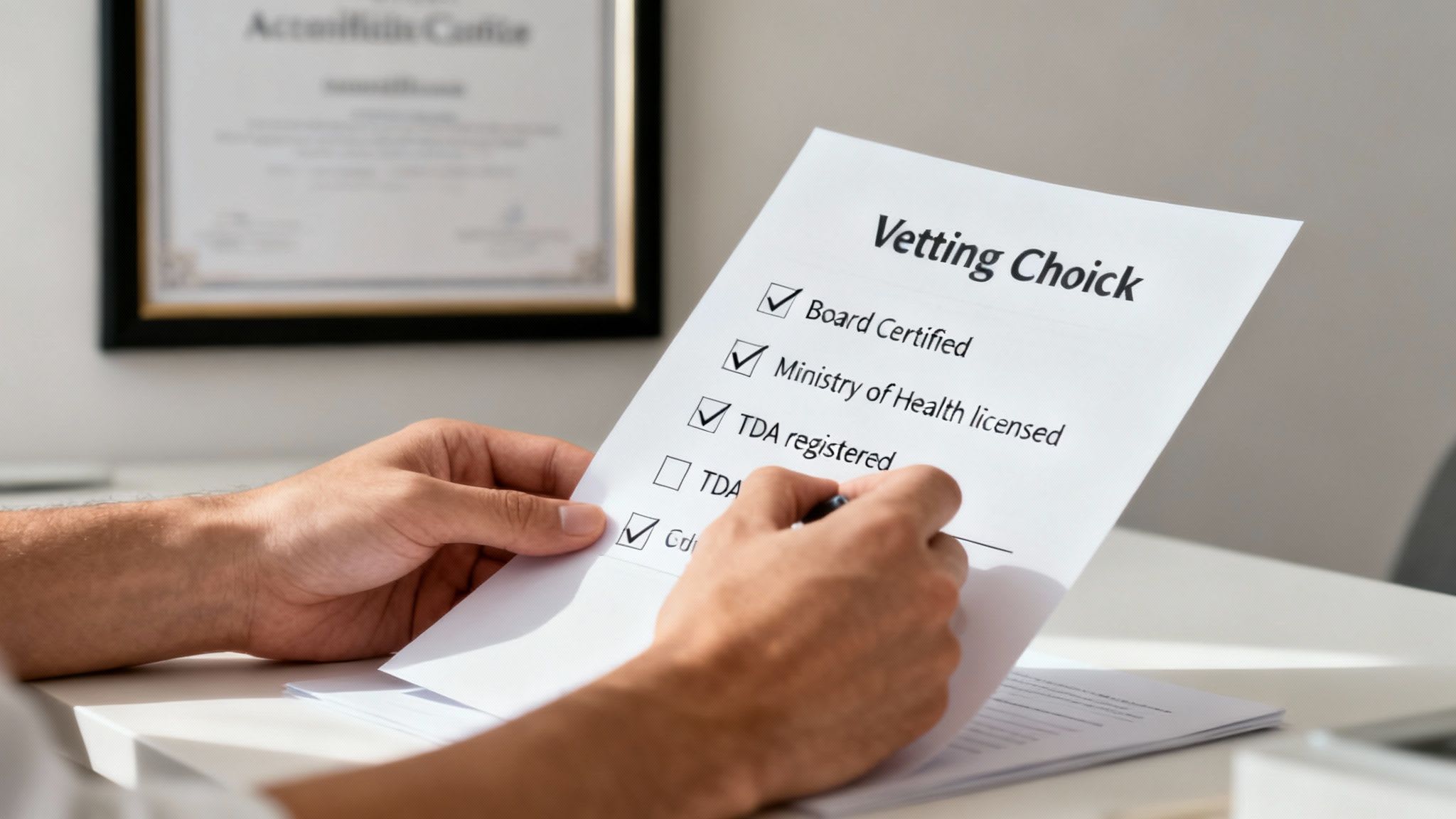 A person's hands filling out a "Vetting Choick" checklist, with Board Certified and Ministry of Health licensed checked.