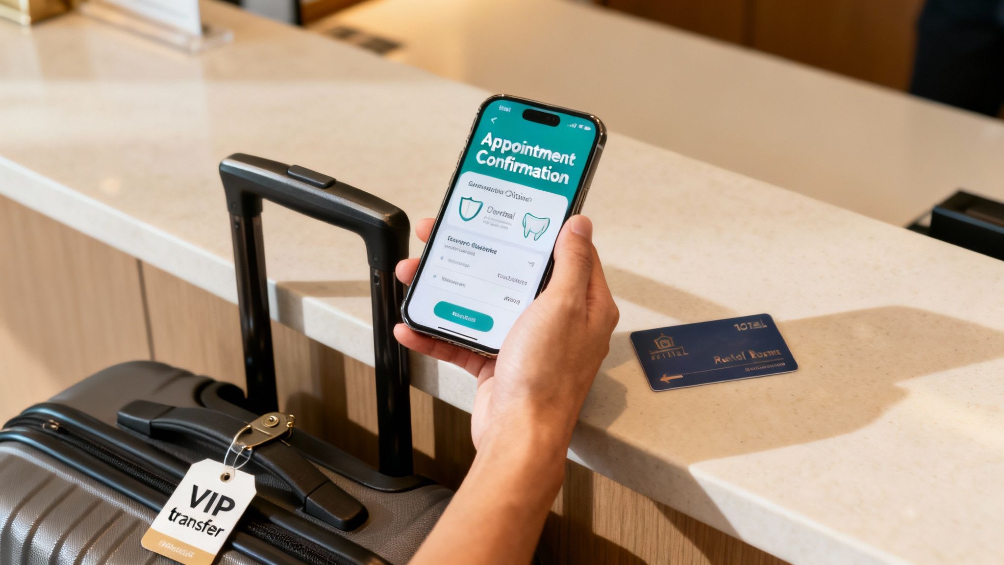 Person checking a dental appointment confirmation on a smartphone, with luggage and a hotel key card on a counter.