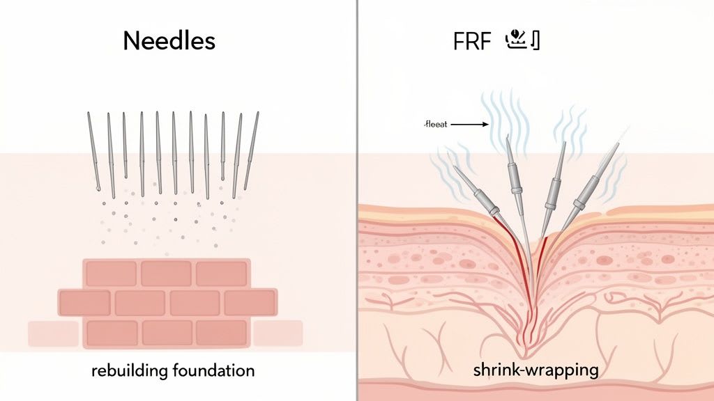 Illustration comparant le traitement par 'Aiguilles' pour reconstruire la fondation de la peau au traitement par chaleur 'FRF' pour rétracter la peau.