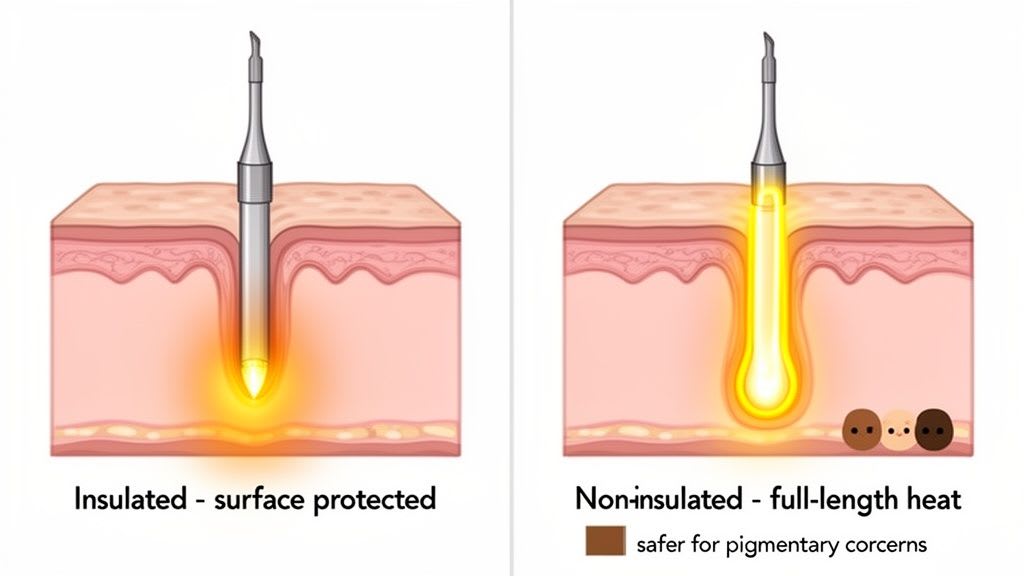 Diagramme comparant les sondes de microneedling à radiofréquence isolées et non-isolées montrant la livraison de chaleur différente dans la peau.