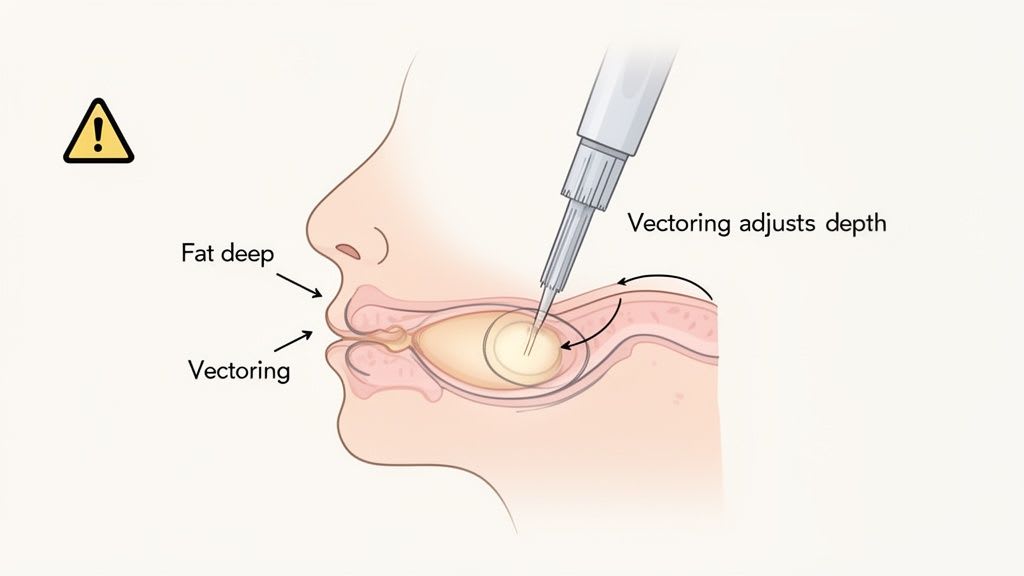 Illustration d'un dispositif de microneedling ajustant la profondeur pour un traitement ciblé de la graisse dans la peau.
