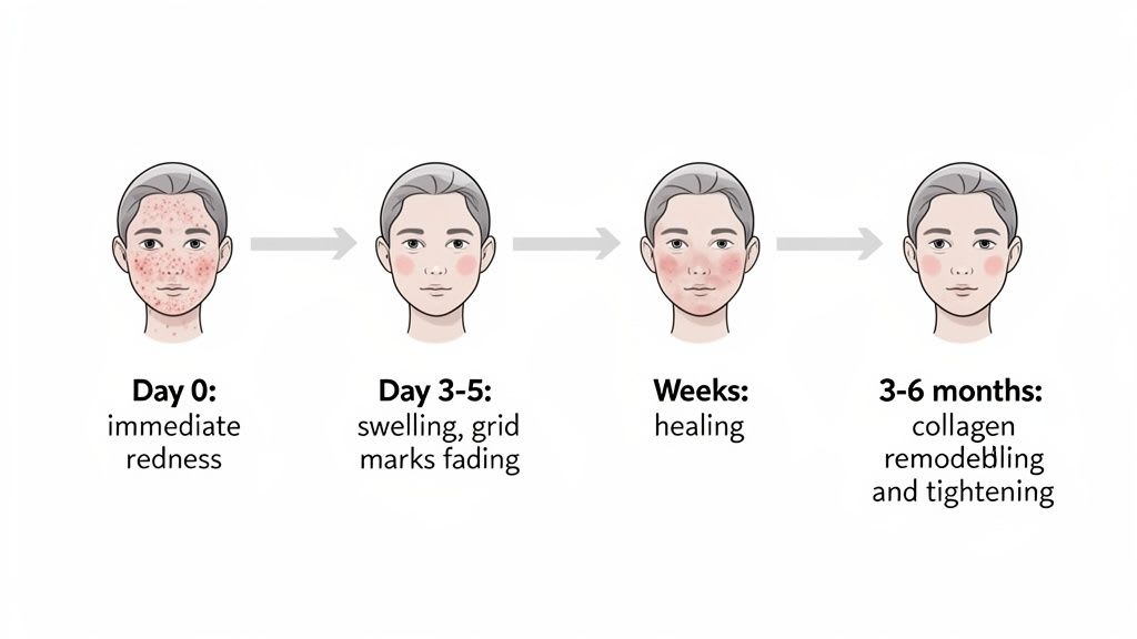 Chronologie visuelle montrant les étapes de guérison de la peau après un traitement de microneedling avec radiofréquence.