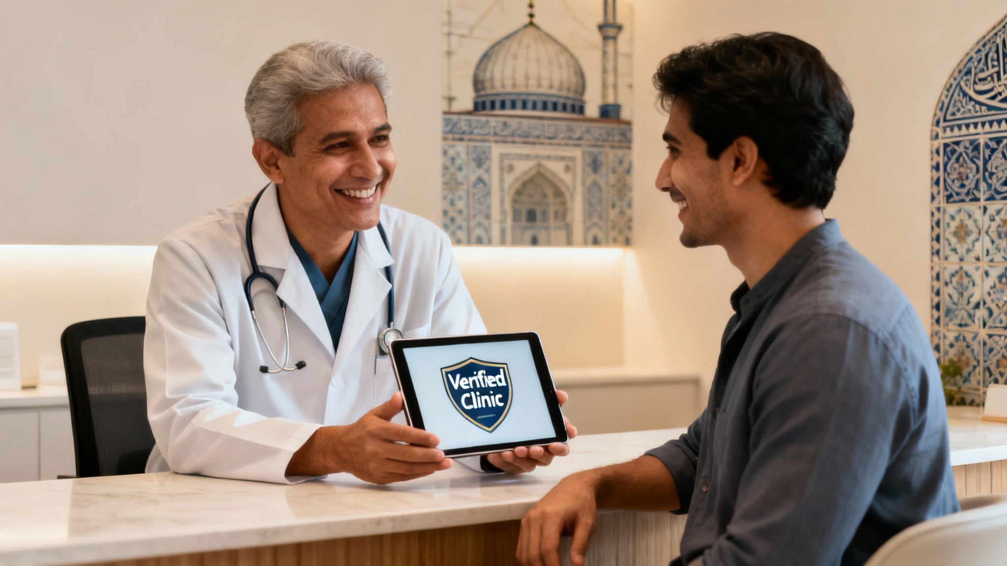 A smiling doctor shows a tablet with a 'Verified Clinic' logo to a happy patient.