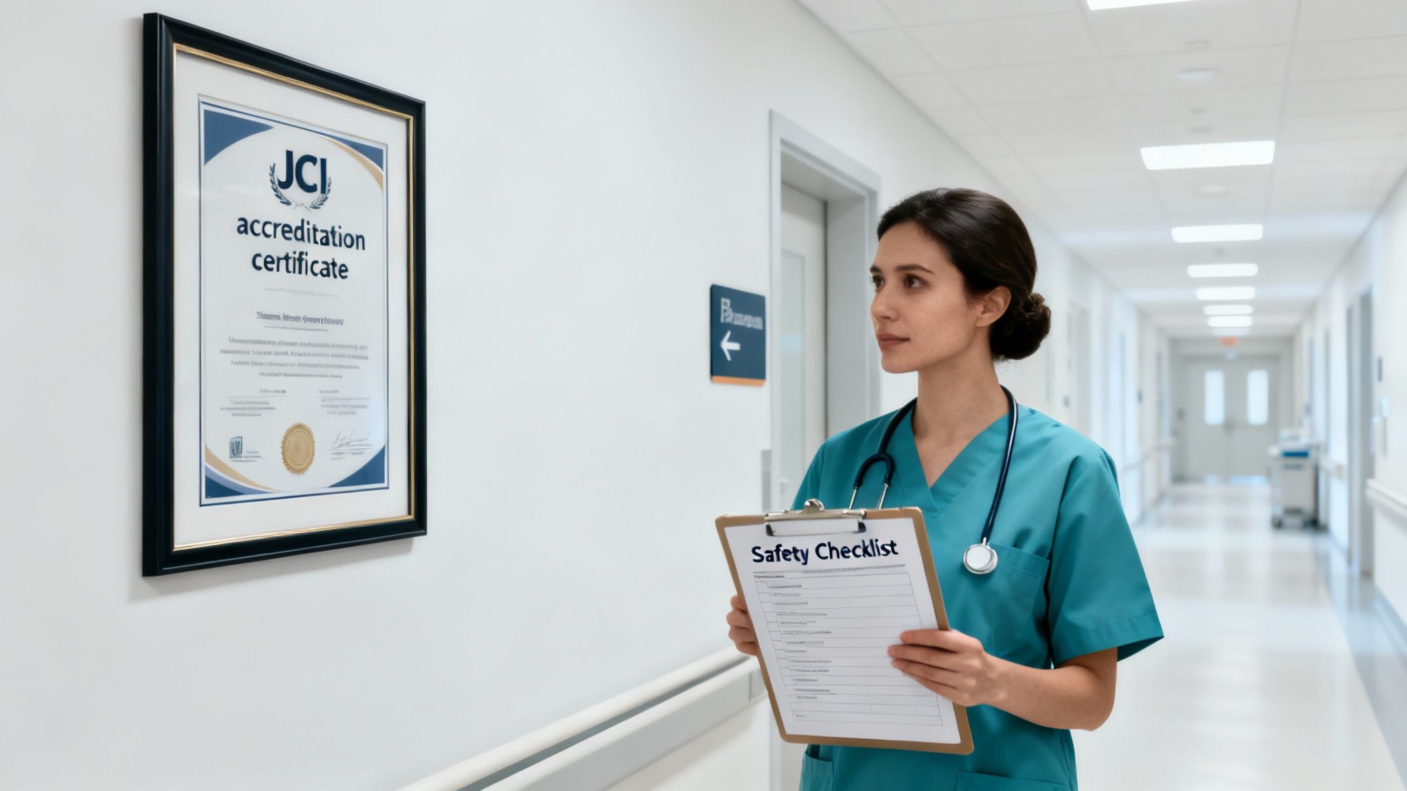 A female nurse in teal scrubs reviews a safety checklist in a hospital corridor with a JCI accreditation certificate on the wall.