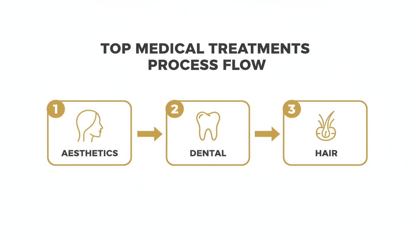 A process flow diagram illustrating top medical treatments including aesthetics, dental, and hair services.