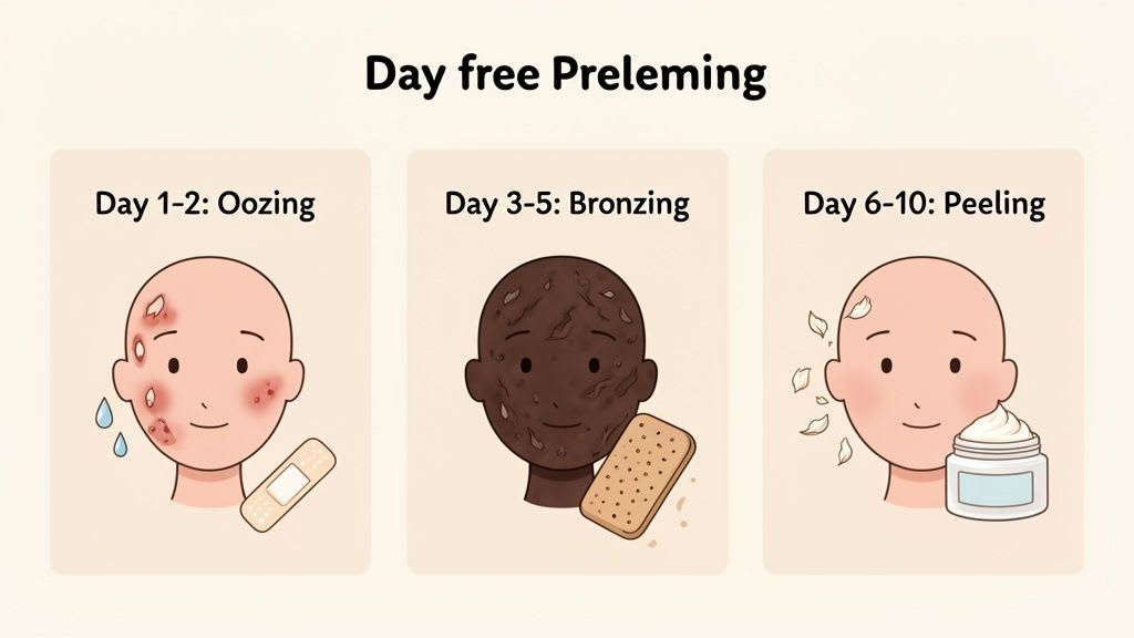 Un chronogramme en trois étapes illustrant la guérison de la peau après le traitement : suintement, bronzage et desquamation sur 10 jours.
