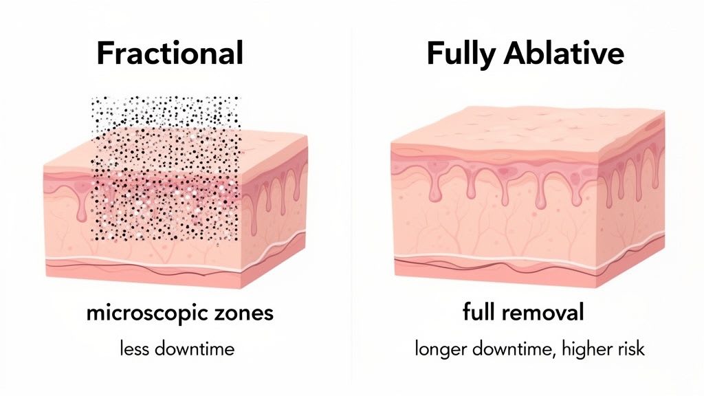 Diagramme comparant les traitements cutanés au laser fractionnel et totalement ablatif, mettant en évidence les zones microscopiques contre l'élimination complète.