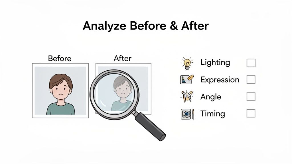 Illustration comparant les photos de "Avant" et "Après" d'une personne, avec une liste de contrôle pour l'analyse des photos.