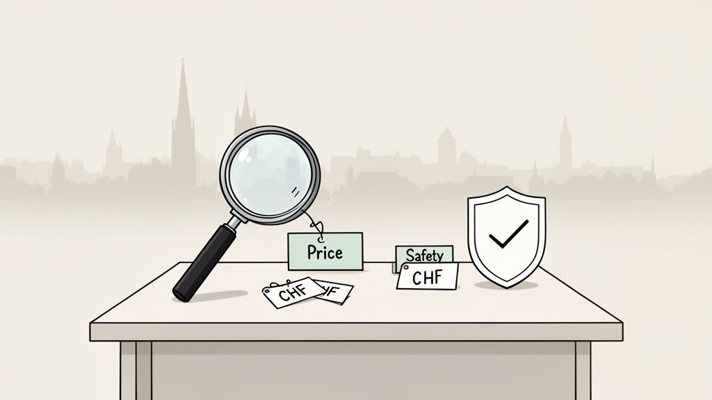 A magnifying glass scrutinizes price and safety tags, with CHF currency labels and a checked shield on a table.