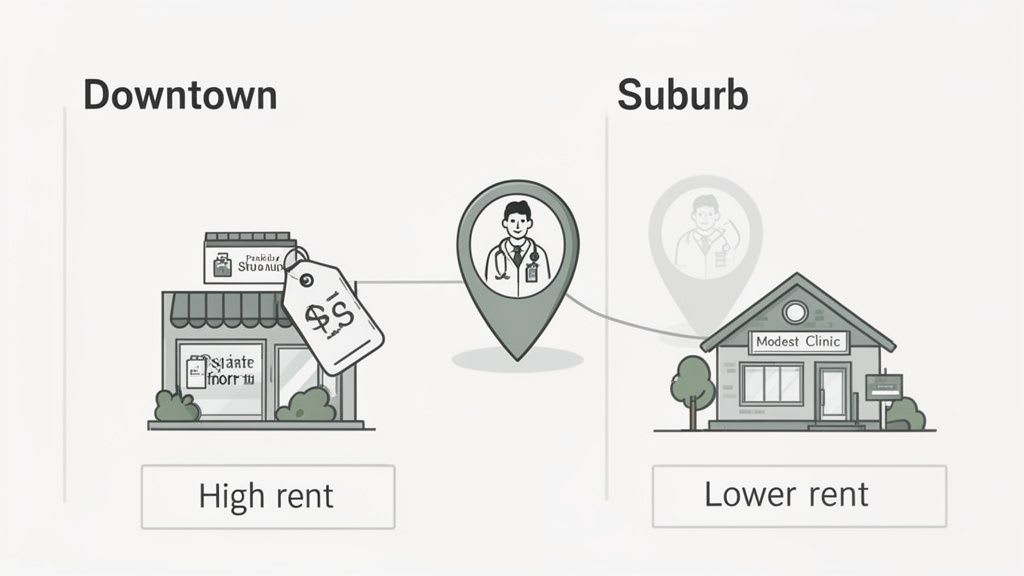 Illustration comparing a high-rent downtown medical practice with a lower-rent suburban clinic for doctors.