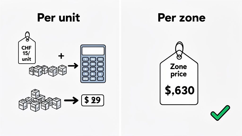 An illustration comparing 'per unit' pricing, showing complex calculations, to 'per zone' pricing, indicating simplicity.