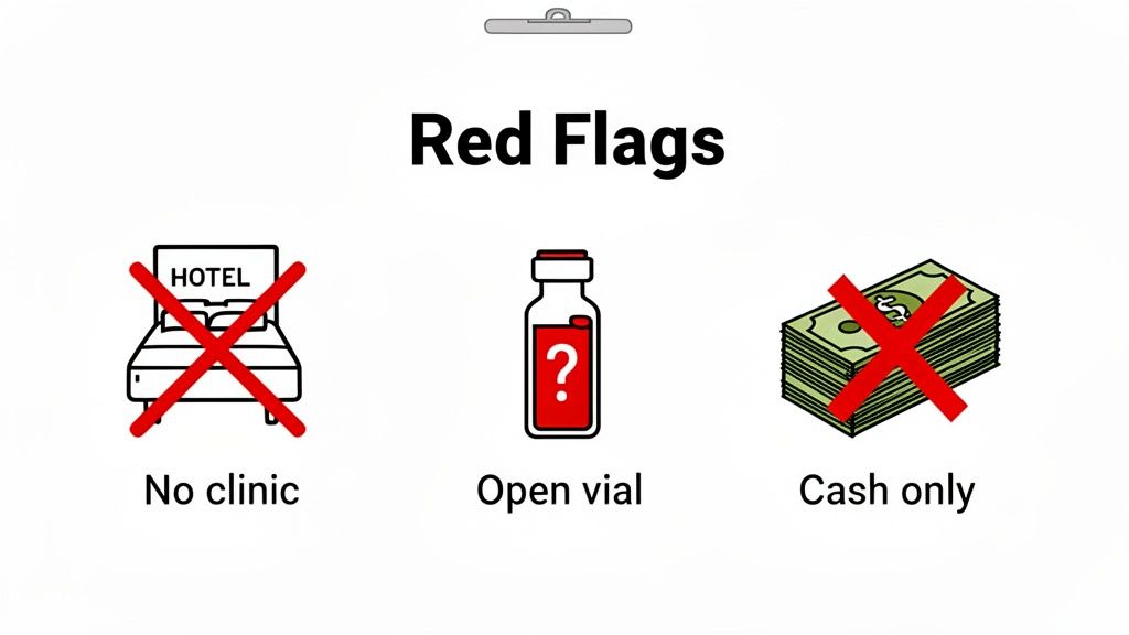 Red flags warning against medical procedures in non-clinic settings, with open vials or cash-only payment.