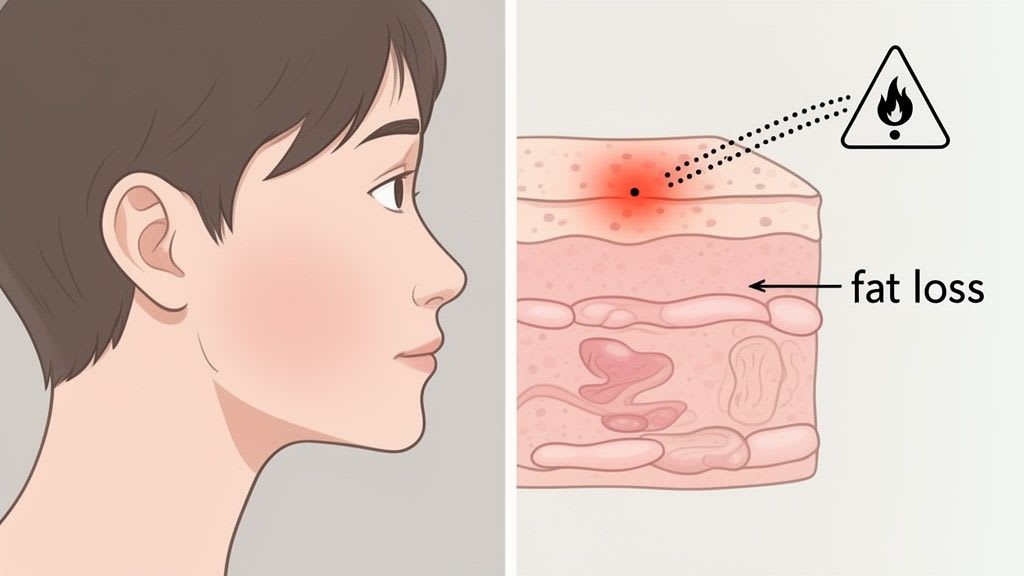Diagramma che mostra il profilo di una persona e una sezione trasversale della pelle con infiammazione, segnale di avviso e perdita di grasso.