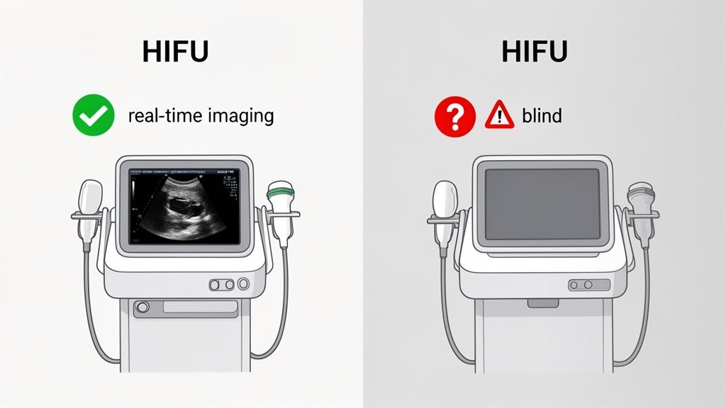 Illustrazione che contrasta due macchine HIFU: una con imaging ad ultrasuoni in tempo reale e l'altra alla cieca.