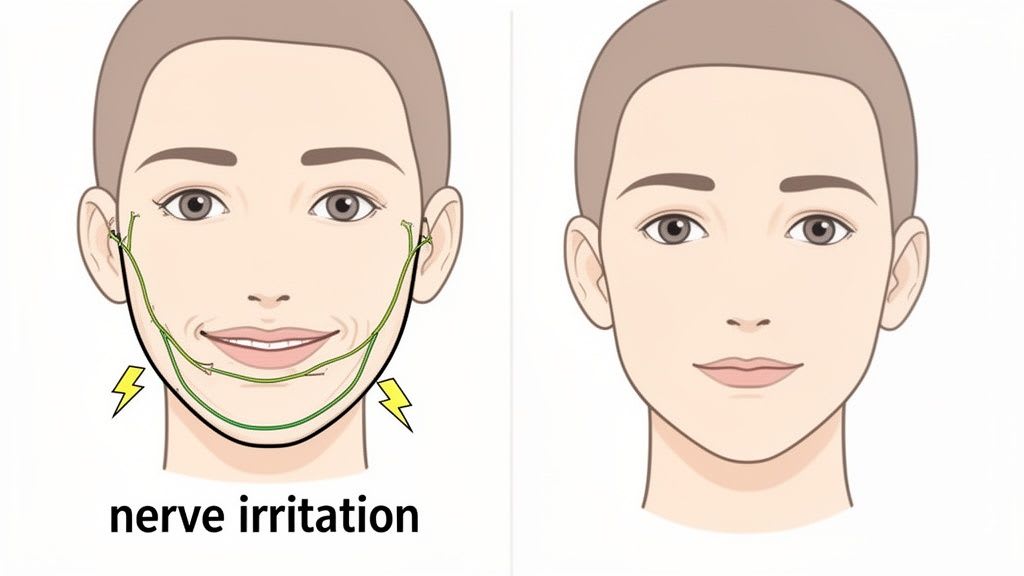Zwei Gesichtsillustrationen; links zeigt Nervenreizung entlang des Kiefers, rechts ein ruhiges Gesicht.