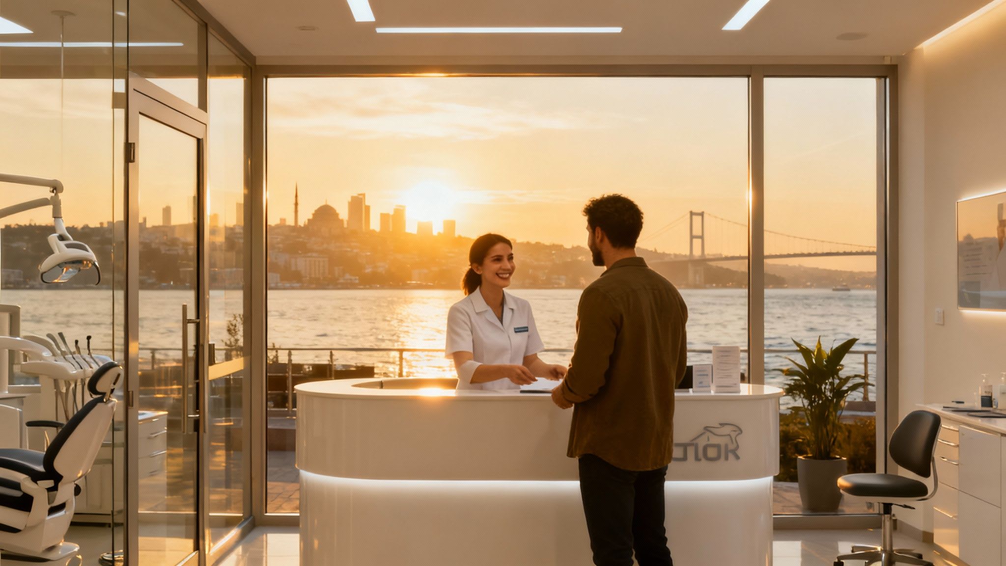 Smiling receptionist assists a patient in a modern dental clinic with a Bosphorus sunset view.