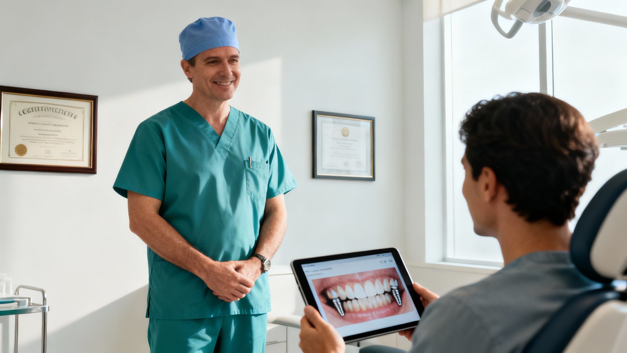 A smiling dentist presents dental implant options to a patient viewing them on a tablet.