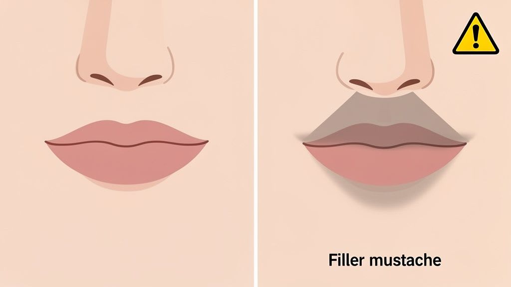 Illustration comparant des lèvres naturelles à des lèvres avec des remplisseurs mal réalisés, entraînant un effet de 'moustache de remplisseur'.