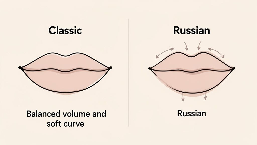 Illustration comparant le style classique de remplisseur de lèvres avec un volume équilibré aux lèvres russes plus définies.