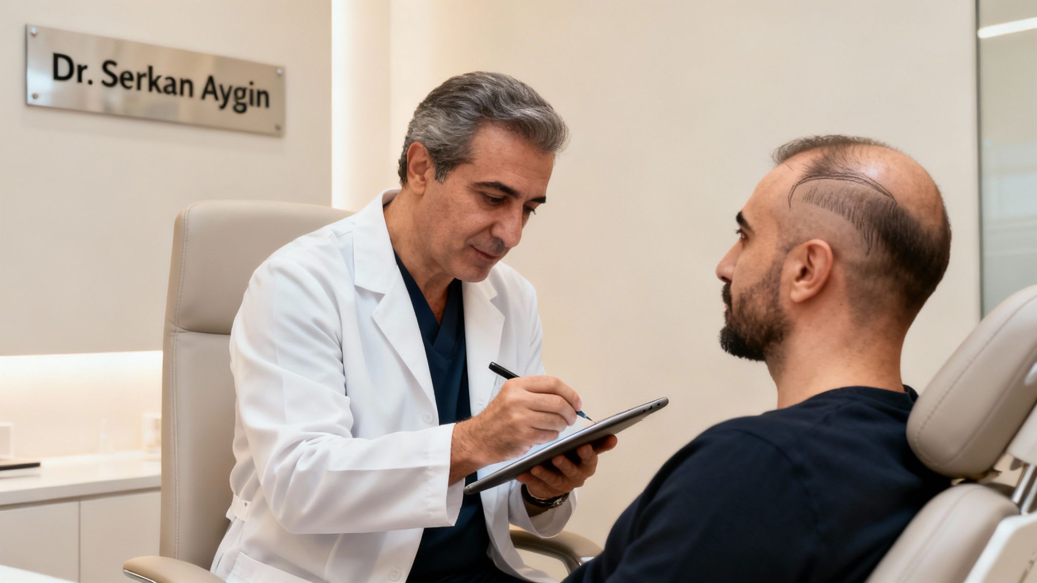 Dr. Serkan Aygin consults a male patient, planning a hair transplant procedure in his clinic.