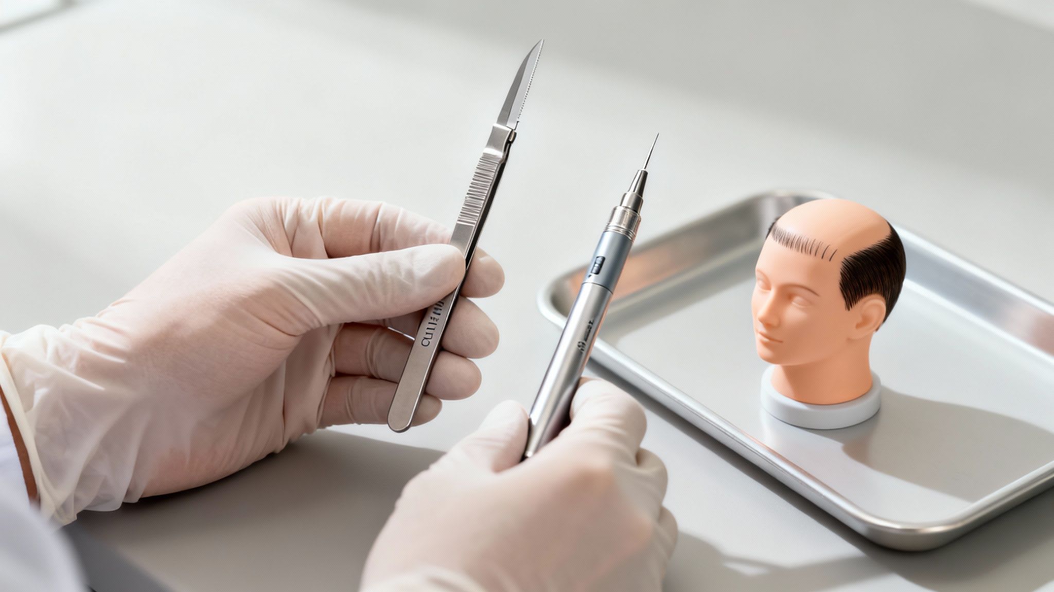 Close-up of gloved hands holding a scalpel and a hair transplant pen near a mannequin head.