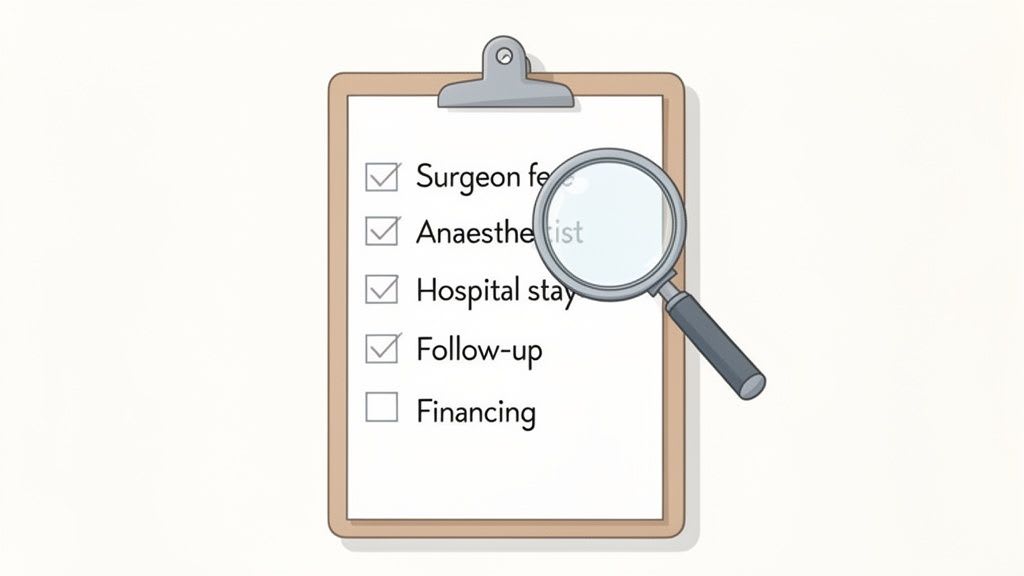 Eine Checkliste auf einem Klemmbrett mit Punkten wie Chirurgengebühren, Anästhesist, Krankenhausaufenthalt und Finanzierung. Eine Lupe untersucht die Liste.